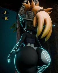 1girls 3d 3d_(artwork) ass_focus back big_butt blonde_hair body_markings bodysuit booty curvy dark_skin dat_ass detailed_lighting forest from_behind glowing glowing_tattoos high_quality highleg jakkeynsfw large_ass long_hair looking_back low-angle_view midna night nintendo ponytail rear_view solo standing tattoo the_legend_of_zelda the_legend_of_zelda:_twilight_princess thick_thighs video_game voluptuous wide_hips