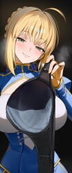 blonde_hair bra grabbing_bra looking_at_viewer saber