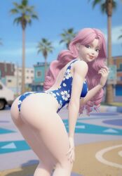 3on3freestyle ai ai_generated big_ass big_butt blair_(3on3freestyle) blue_eyes bubble_ass bubble_butt earrings female female_only pink_hair posing posing_for_the_viewer showing_off_ass swimsuit swimwear