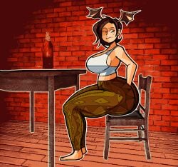 1girls big_ass big_butt demon_girl digging_into_butt flare_pants focus_on_ass forbidden_pants huge_ass huge_breasts oc original_character scratching_butt tagme ykujo