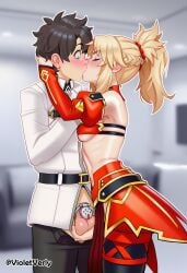 1boy 1girl ai_assisted ai_generated bare_shoulders black_hair blonde_hair blue_eyes blush braid breasts closed_eyes fate_(series) hair_ornament hetero long_hair long_sleeves mordred_(fate) ponytail violetverly