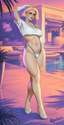 ai_assisted ai_generated bikini crossed_legs curvaceous emma_frost grand_theft_auto_vi hand_on_waist high_heels loose_shirt navel parody poolside raised_hand rousherte self_upload short_hair tagme thick_thighs