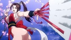 1girls ass breasts brown_eyes brown_hair character_request fatal_fury hips holding_object large_ass large_breasts mai_shiranui screencap
