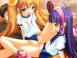 1boy 2girls akina_(buru_x_karu) blue_buruma blush buru_x_karu buruma buruma_aside censored clothing_aside cooperative_pussyjob emily_(pure_dream) ffm_threesome girl_on_top group_sex gym_uniform haruka_(buru_x_karu) mosaic_censoring multiple_girls non-web_source open_mouth parted_lips penis pussy pussyjob shy spread_legs teamwork_(sexual) threesome