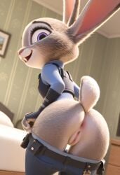 1girls ai_generated ass ass_focus bubble_butt furry furry_female judy_hopps looking_at_viewer looking_back pants pants_down presenting_pussy purple_eyes pussy pussy_focus solo solo_focus standing zootopia