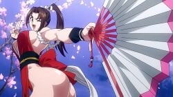 1girls ass breasts brown_eyes brown_hair character_request fatal_fury hips holding_object large_ass large_breasts mai_shiranui screencap