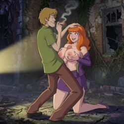1boy 1girls ai_generated blackroga boobjob clothed_sex daphne_blake high_heels light-skinned_female light-skinned_male night open_clothes outdoors paizuri scooby-doo scooby-doo_on_zombie_island shaggy_rogers smoking stoned titjob voluptuous warner_brothers