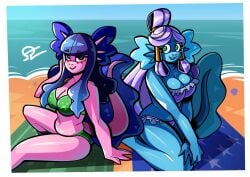 2girls alvh_omega amphibian anthro axolotl axolotl_girl axolotl_humanoid beach beach_background beach_towel big_breasts bikini blue_body dark_blue_hair duo exposed_breasts female_only green_eyes hi_res kneeling looking_at_another looking_at_partner neckline original_characters pink_body purple_hair sand seductive_look thick_thighs voluptuous wide_hips