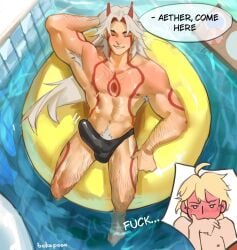 2boys abs aether_(genshin_impact) age_difference arataki_itto artist_request big_dom_small_sub big_penis blush blushed_face blushing bulge dilf dirty_talk english english_text erect_penis erection femboy gay gay_sex genshin_impact height_difference hint huge_cock imminent_penetration imminent_sex inviting inviting_to_sex large_penis male male/male male_only nervous outdoors outside pecs pool pubic_hair seductive shaking shy size_difference sweatdrop sweating sweaty_body tattoo tattoo_on_chest tattoos text text_bubble trap water yaoi