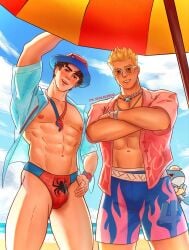 2boys bara beach blonde_hair bulge fantastic_four gay human_torch human_torch_(marvel_rivals) its_ocoleleboo johnny_storm male male_only marvel marvel_rivals muscular muscular_male speedo spider-man spider-man_(marvel_rivals) sunglasses