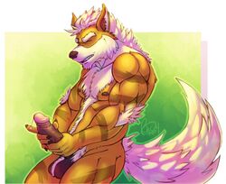 1boy 2014 anthro anthrofied arcanine ass balls biceps big_penis body_hair canine chest_hair closed_eyes color cum cum_on_hand cum_on_penis cum_string fur furry hair happy_trail highres humanoid_penis male male_only mammal manly masturbation muscles nintendo nipples nude omegaro orgasm pecs penis pokemon pokemon_(species) pokemorph pubes sharp_teeth short_hair solo standing teeth white_hair