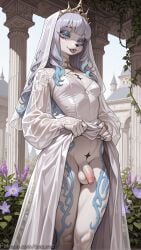 1girl ai_generated bangs blue_eyes blue_hair breasts cantarella_(wuthering_waves) clothes_lift decurse dress dress_lift flower furry futanari grey_hair lifted_by_self long_hair looking_at_viewer makeup multicolored_hair penis solo tattoo testicles tiara tongue tongue_out uncensored veil white_dress wuthering_waves