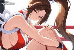 1girl ai_generated anime anime_style artist_name bare_shoulders breasts brown_eyes brown_hair capcom cleavage closed_mouth fatal_fury fatal_fury:_city_of_the_wolves fatal_fury_2 fatal_fury_the_motion_picture from_side hentai hi_res high_ponytail japanese_clothes king_of_fighters knees_up large_breasts long_hair looking_at_viewer mai_shiranui mystic_maidens ninja parted_bangs patreon ponytail revealing_clothes rope sash sideboob sitting sleeveless smile snk solo street_fighter street_fighter_6 thighs