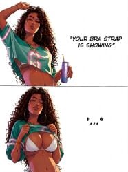 1girl 1girls bra bra_strap bra_strap_is_showing_(meme) dark_skin dark_skinned dark_skinned_female dialogue grand_theft_auto grand_theft_auto_v grand_theft_auto_vi latina rockstar_games standing standing_up text twitter unnamed_character vice_city_cover_girl video_game_character video_game_franchise video_games