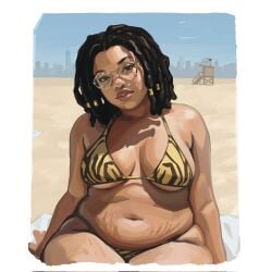 applchu beach bikini dark-skinned_female deep_skin dreadlocks leaning_back lips looking_at_viewer realistic sitting suggestive wide_hips wide_thighs