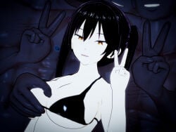 1girls 3d 4boys black_hair dark-skinned_male enen_no_shouboutai interracial koikatsu kotatsu_tamaki peace_sign twintails
