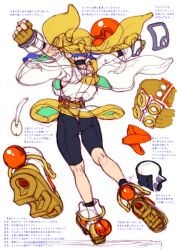 1990s_(style) 1girl absurdres ass backboob bandana black_bodysuit blue_hair bodysuit breasts fingerless_gloves from_behind full_body gloves hair_ornament highres kotobuki_tsukasa lime_(saber_j) long_hair official_art retro_artstyle saber_marionette_j see-through_clothes skirt solo sphere_hair_ornament white_background yellow_bandana