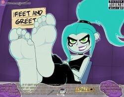 1girl 1girls absurdres babe barefoot blue_hair boots_removed crossed_feet danny_phantom dialogue dominant_female earrings ember_mclain feet feet_on_table feet_up female_focus female_only fiery_hair fire_hair foot_domination foot_fetish foot_focus foot_play foot_tease foot_worship ghost ghost_girl green_eyes highres imminent_foot_worship long_hair looking_at_viewer meet_and_greet nickelodeon parental_advisory presenting_feet purple_lipstick purple_socks rocker rocker_chick rocker_girl rottenheart10 showing_feet smilling socks_removed soles soles_fetish solo_female toes