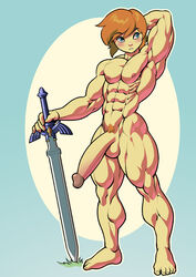 1boy 2018 abs armpits balls biceps big_biceps blue_eyes blush brown_hair hand_behind_head humanoid hylian link long_penis male male_only melee_weapon muscular muscular_armpits muscular_femboy muscular_legs muscular_male muscular_thighs navel nintendo nude orange_hair pecs penis pokkuti pubes pubic_hair solo solo_focus sword the_legend_of_zelda video_games weapon