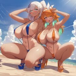 2girls areola areola_slip areolae beach bikini blue_eyes breasts cameltoe cleavage fat_tits feather feather_in_hair gradient_hair green_hair hololive huge_breasts kaiend long_hair looking_at_viewer micro_bikini midriff navel_piercing nipples open_mouth orange_hair outdoors pavolia_reine piercing platform_heels public purple_eyes sling_bikini slutwear smile squatting swimsuit takanashi_kiara tan tanline v virtual_youtuber white_hair