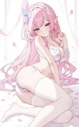 1girls artist_request ass bikini breasts cleavage cyrene_(demiurge)_(honkai:_star_rail) cyrene_(honkai:_star_rail) elf elf_female elf_girl female_focus female_only gradient_eyes hair_ornament honkai_star_rail large_breasts long_hair looking_at_viewer petals pink_hair pointy_ears smiling smiling_at_viewer solo solo_female swimsuit thighhighs