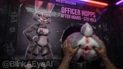 3d ahegao ai_generated anonymous_male anthro bathroom bdsm bodily_fluids deepthroat detailed disney drooling face_fuck fellatio female fluffy_tail fur furry glory_hole gloryhole graffiti hand_on_head hands_on_head harness high_res judy_hopps lagomorph leather_harness long_ears male_hands nipple_pasties open_mouth oral poster public_use purple_eyes rabbit restroom saliva tongue_out zootopia
