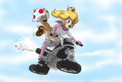 2014 :d akitosan21 blush boots clothes crown cum cum_inside female footwear from_behind hair happy headgear hi_res human interspecies long_hair male mario_(series) mario_kart mario_kart_8 motorcycle nintendo open_mouth orgasm pants penetration princess princess_peach royalty sex shirt shoes size_difference smile smoke straight toad_(mario) tongue uncensored vehicle vest