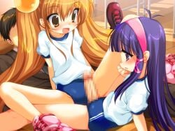 1boy 2girls akina_(buru_x_karu) blue_buruma blush buru_x_karu buruma censored dry_humping emily_(pure_dream) ffm_threesome girl_on_top group_sex gym_uniform haruka_(buru_x_karu) humping mosaic_censoring multiple_girls non-web_source open_mouth parted_lips penis shy smile spread_legs threesome