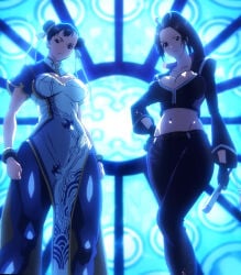 2girls breasts brown_hair character_request chun-li clothing fatal_fury hips large_breasts mai_shiranui midriff navel screencap stitched street_fighter thick_thighs thighs