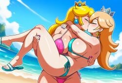 2girls ai_generated beach bikini blonde_hair bridal_carry closed_eyes girls_kissing girlsareawesome kissing princess_peach princess_rosalina super_mario_bros. super_mario_galaxy yuri