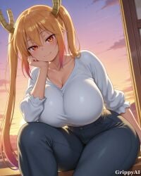 1girl 2d ai_generated anime_style breasts_bigger_than_head cleavage curvy detailed_eyes dragon_horns dragon_maid grippyai hand_on_cheek high_quality horns huge_breasts jeans long_hair looking_at_viewer miss_kobayashi's_dragon_maid orange_hair pink_tips red_eyes shiny_skin sitting smile solo sunset thick_thighs tohru tohru_(dragon_maid) twin_tails white_shirt window
