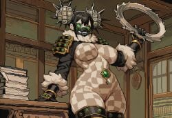 1girls ai_generated armor armored_female beige_skin black_hair boots breasts chakram checkered checkered_skin chinese_clothes emerald_(gem) fangs female fur gauntlets gem_eyes gem_on_belly gloves golem green_eyes hair_buns horror horror_(theme) jade_(gem) large_breasts leg_armor lion_mane mane mask monster_girl original original_character paigen pixel_art pussy shoulder_armor sleeves statue teeth terracotta terracotta_statue voluptuous voluptuous_female weapon white_fur white_hair