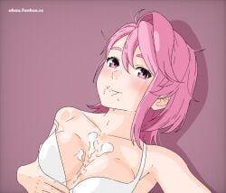 1girl before_oral boobs bra breasts cum cum_on_breasts dandadan drolling looking_at_viewer pink_eyes pink_hair pretty pretty_face pretty_girl provocative saliva shiratori_aira_(dandadan) simple_background ubau underwear