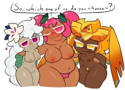 3girls armwear artist_name artist_signature belly blush breast_size_difference breasts chikidoodlez chubby_female completely_nude_female cookie_run cookie_run_kingdom crown dark-skinned_female dialogue flower_in_hair golden_cheese_cookie hair_ornament hand_on_hip hollyberry_cookie large_breasts nude_female pale-skinned_female pubic_hair shaved_pussy small_breasts take_your_pick talking_to_viewer text_bubble tirazyy white_lily_cookie