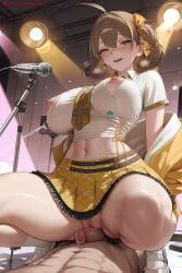 1boy 1girl ahoge ai_generated anis_(nikke) bangs blush breasts brown_eyes brown_hair condom girl_on_top goddess_of_victory:_nikke hetero hi_res high_quality high_resolution indoors kiraamane large_breasts microphone navel nipples open_mouth patreon penis pubic_hair pussy seductive sex_toy sexy smile solo_focus straddling thighs uncensored watermark