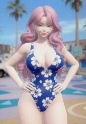 3on3freestyle ai ai_generated big_boobs big_breasts blair_(3on3freestyle) blue_eyes cleavage earrings female female_only pink_hair posing posing_for_the_viewer round_breasts swimsuit swimwear