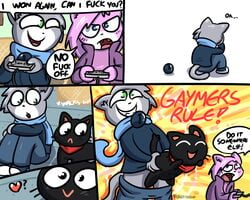 :> :< ? a_cat_is_fine_too aeris_(vg_cats) anal anthro comic feline female feral gamer_cat gamercat gamercat_(character) gay heart joke joke_art leo_(vg_cats) male mammal pokehidden scarf vg_cats