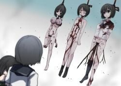 5girls bar_censor black_eyes black_hair black_socks blood blood_from_mouth blood_on_face blue_bow blue_bowtie blue_sailor_collar bow bowtie breasts bug censored closed_eyes commentary_request completely_nude corpse decapitation empty_eyes ero_guro fly from_behind full_body gia_(abab0707) gunshot_wound guro hanged highres kneehighs maggot medium_breasts multiple_girls nude open_mouth original sailor_collar school_uniform serafuku short_hair short_sleeves single_kneehigh single_sock small_breasts socks
