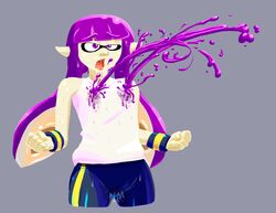 anthro clothed clothed_female clothing drooling female female_orgasm grey_background humanoid ink inkling inkling_girl lactating_ink lactation lactation_through_clothes long_hair nintendo open_mouth orgasm purple_eyes purple_hair purple_ink pussy_juice pussy_juice_drip_through_clothes saliva saliva_string shorts simple_background smooth_skin solo splatoon squid standing sweat tentacle tentacle_hair tongue tongue_out unknown_artist unusual_lactation wet