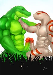 abs alligator anthro biceps big_penis frottage gay hextra iceman1984 male muscles pecs penis plain_background reptile scalie