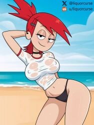 1girl 1girls big_breasts black_thong breasts cartoon_network ear_piercing eyeshadow female female_focus female_only foster's_home_for_imaginary_friends frankie_foster large_breasts liquorcurse looking_at_viewer medium_breasts medium_hair navel nipple_bulge red_hair redhead_female seductive seductive_look seductive_smile see-through_clothing see-through_shirt short_hair smile smiling_at_viewer solo solo_female solo_focus thick_thighs thighs thong wet_clothes wet_clothing wet_shirt white_shirt