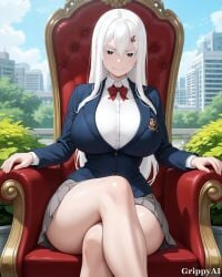 1girl 2d ai_generated anime_style blue_blazer brown_eyes city_background cleavage detailed_eyes detailed_face echidna grey_skirt grippyai high_quality huge_breasts long_hair looking_at_viewer re_zero red_bow red_chair red_hair_ornament school_uniform shiny_skin sitting smile solo throne white_hair white_shirt