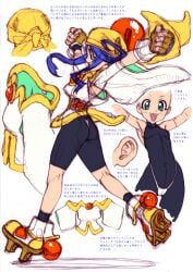1990s_(style) 1girl absurdres ass backboob bandana black_bodysuit blue_hair bodysuit breasts fingerless_gloves from_behind full_body gloves hair_ornament highres kotobuki_tsukasa lime_(saber_j) long_hair official_art retro_artstyle saber_marionette_j see-through_clothes skirt solo sphere_hair_ornament white_background yellow_bandana