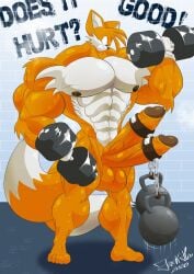 abs alternate_muscle_size diphallism hyper_penis jack_hoo_(artist) muscular_male sonic_(series) tails_the_fox weightlifting