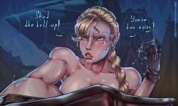 2d angry_expression angry_face atlantis:_the_lost_empire blonde_female blonde_hair braid braided_ponytail cartoon cum cum_drip cum_on_hand cum_string disney english eye_contact fanart femme_fatale gloves_only green_eyes helga_sinclair lipstick long_hair looking_at_viewer mole mole_under_eye mouth_hold nixonison saliva saliva_string saliva_trail smeared_lipstick tagme talking_to_viewer