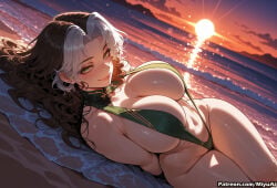 1girl ai_assisted ai_generated arms_behind_back artist_name bangs bare_shoulders black_swimsuit breasts brown_hair cleavage closed_mouth cloud curvaceous curvy curvy_female curvy_figure female green_eyes huge_breasts long_hair looking_at_viewer lying marvel marvel_rivals miyuai multicolored_hair navel ocean on_back on_side parted_bangs rogue_(marvel_rivals) shiny slingshot_swimsuit smile solo sun sunset swimsuit thick thick_ass thick_butt thick_hips thick_legs thick_thighs thighs voluptuous voluptuous_female water wide_hips wide_thighs