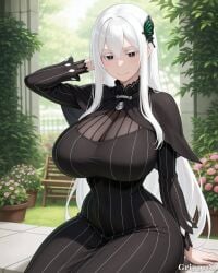 1girl 2d ai_generated anime_style black_dress brown_eyes butterfly_hair_ornament cleavage detailed_eyes detailed_face echidna garden grippyai hand_behind_head high_quality huge_breasts long_hair looking_at_viewer outdoors re_zero sheer_clothes shiny_skin sitting smile solo striped_dress white_hair