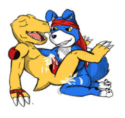 agumon closed_eyes colored cum cum_inside digimon duo furry gaomon handjob male_only messy orgasm penis plain_background scalie seamaster smirk white_background