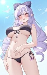 1girls ass_visible_through_thighs bikini blush breasts clouds drill_hair elf elf_female elf_girl heart-shaped_pupils large_breasts long_hair looking_at_viewer open_mouth open_smile pointy_ears purple_hair red_eyes sky smiling smiling_at_viewer solo solo_female sun swimsuit vivian_banshee zenless_zone_zero