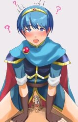 2023 anal armwear blue_eyes blue_hair blush chastity_cage chastity_device dark-skinned_male eyes_rolling_back femboy_on_top fingerless_gloves fire_emblem gloves hypnosis hypnotic_eyes light-skinned_femboy male_pubic_hair marth_(fire_emblem) pubic_hair question_mark sweat tiara uiti_kai yaoi